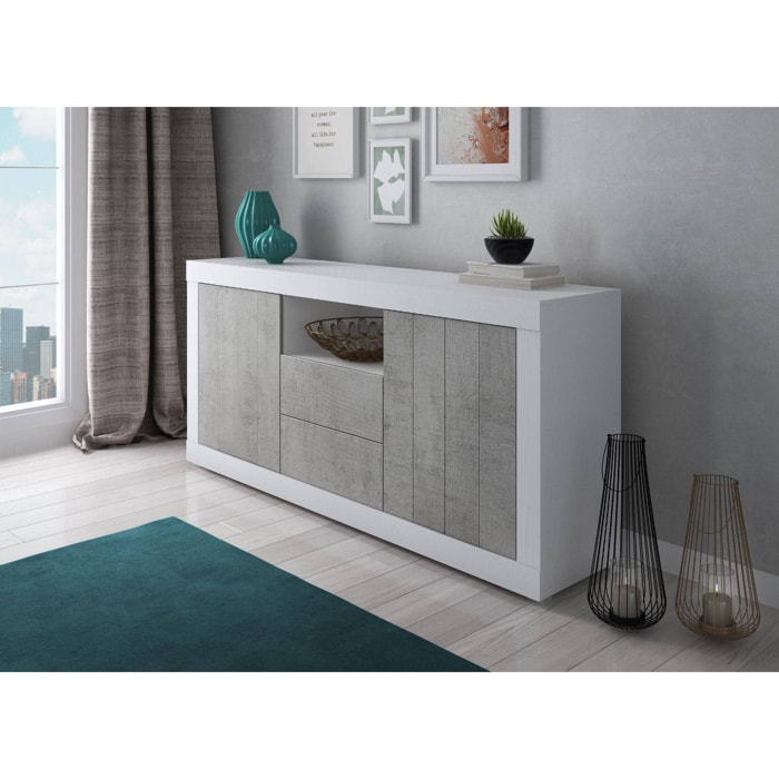 Credenza moderna a 2 ante, Buffet da cucina, Madia con scaffali, Mobile da soggiorno Porta TV, cm 185x44h86, colore Bianco e Cemento