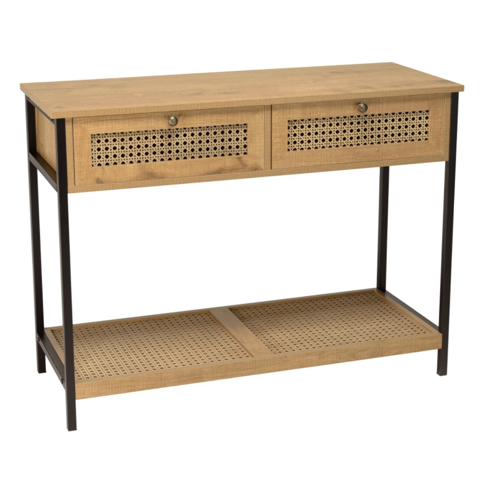 CHARLIE - Console bois marron 2 tiroirs 1 étagère cannage pieds métal