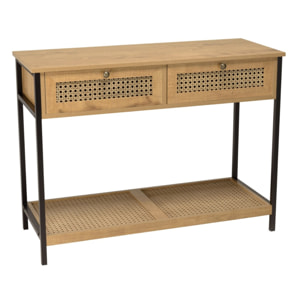 CHARLIE - Console bois marron 2 tiroirs 1 étagère cannage pieds métal