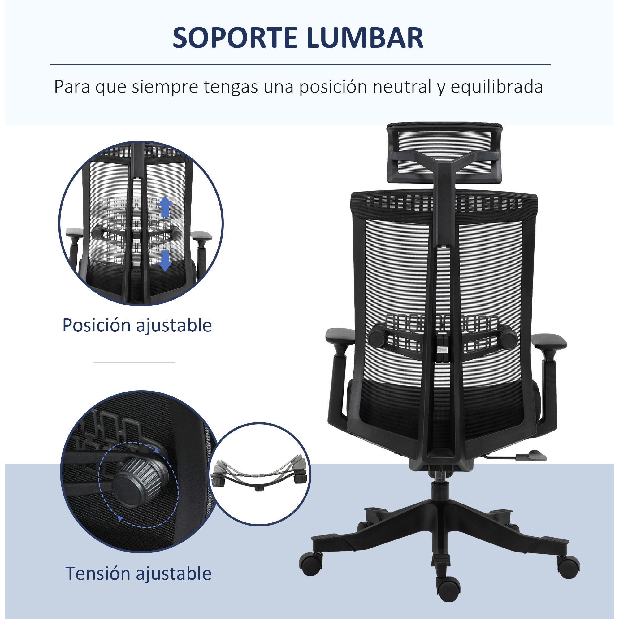 Vinsetto Silla de Oficina Ergonómica Silla de Malla Giratoria y Reclinable con Altura Ajustable Reposabrazos Reposacabezas y Soporte Lumbar Regulable 66,5x66x109-118 cm Negro