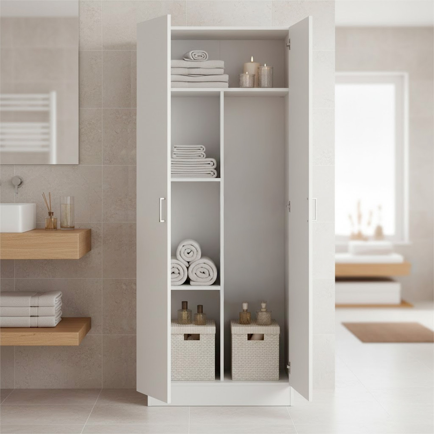 Armadio Multiuso Con 2 Ante Battenti e Ripiani Interni Armadietto Mobile Salvaspazio Per Bagno Lavanderia Ingresso 70 x 36 x 180.9 Cm Bianco