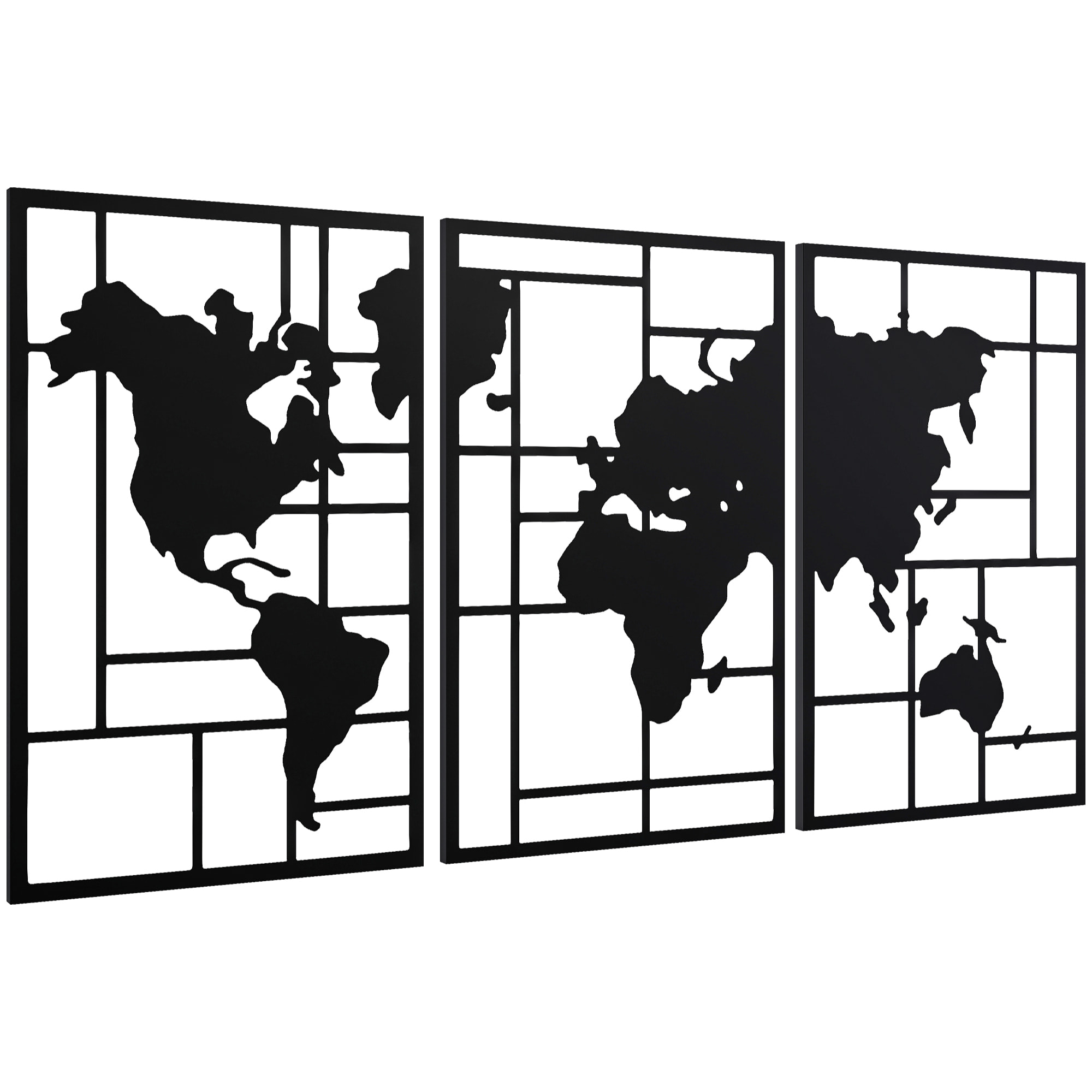 Lot de 3 décorations murales métal design graphique carte du monde métal noir