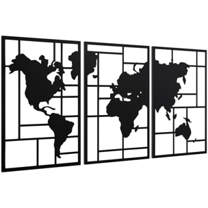 Lot de 3 décorations murales métal design graphique carte du monde métal noir