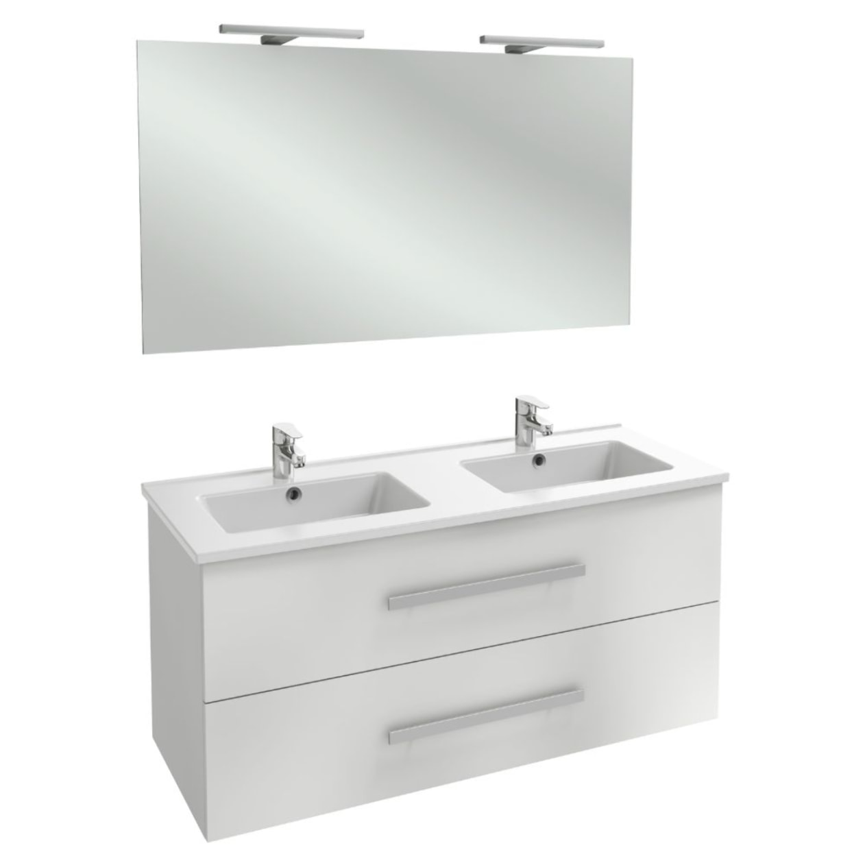 Meuble double vasque 120 cm Ola Up blanc brillant avec miroir et spots