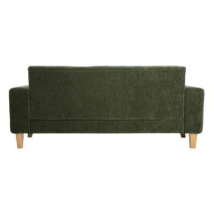 Canapé scandinave 3 places en tissu effet velours vert kaki et bois clair FJORD