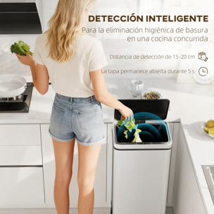 Cubo de Basura Cocina Automático 50 L, Papelera de Cocina de Acero Inoxidable con Sensor Infrarrojo, Cierre Suave, Patas, Anillo de Retención, Antihuellas, para Oficina, Hogar, Plata