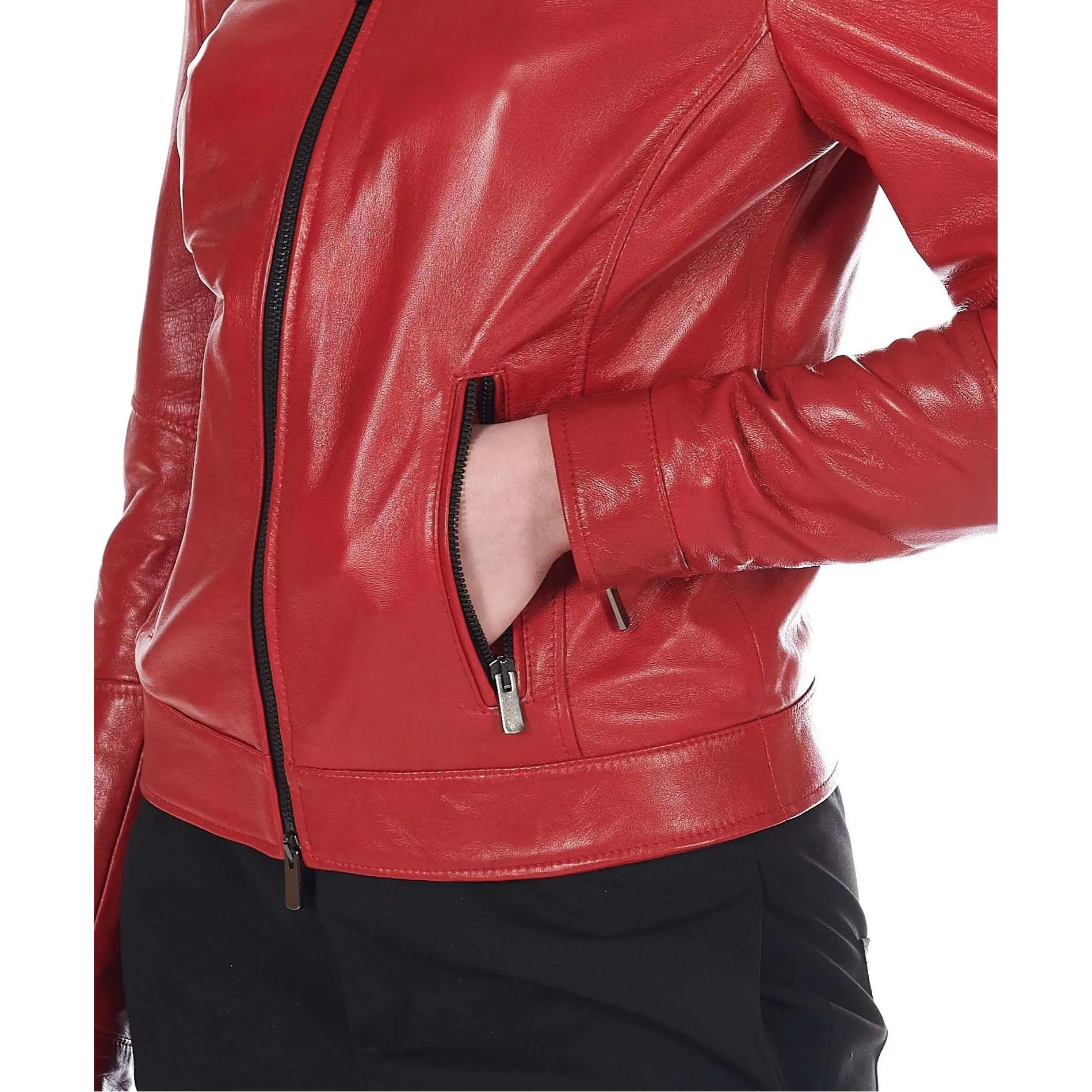 Giacca biker in pelle rossa nappa effetto liscio