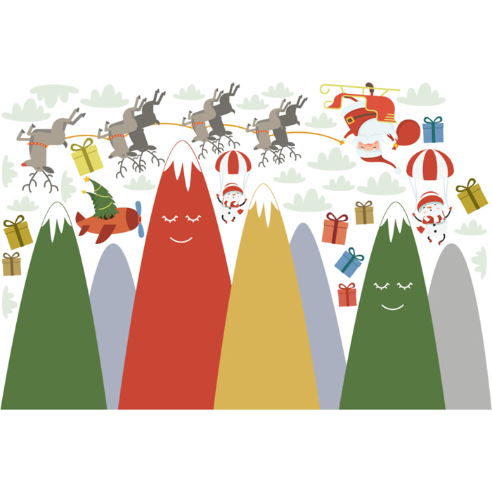 Stickers muraux Noël - Décoration chambre salon - Autocollant Sticker mural géant montagnes scandinaves MONTAGNES LE PÈRE NOËL ET SES RENNES