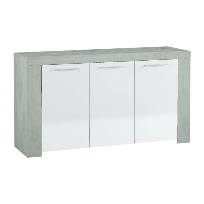 Credenza Bellevue, Madia moderna a 3 ante, Buffet da soggiorno, Mobile porta TV, Madia per salotto, cm 144x42h80, Cemento e Bianco