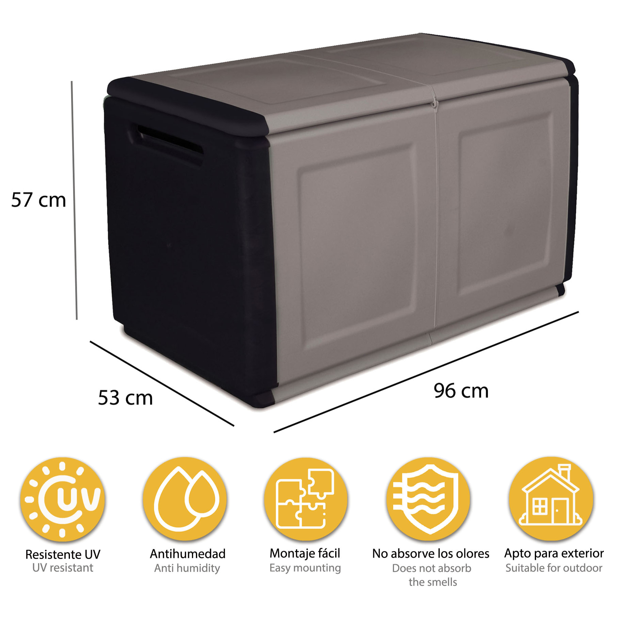 Baúl en polipropileno de 96x57x53cm - 230L color gris oscuro y negro