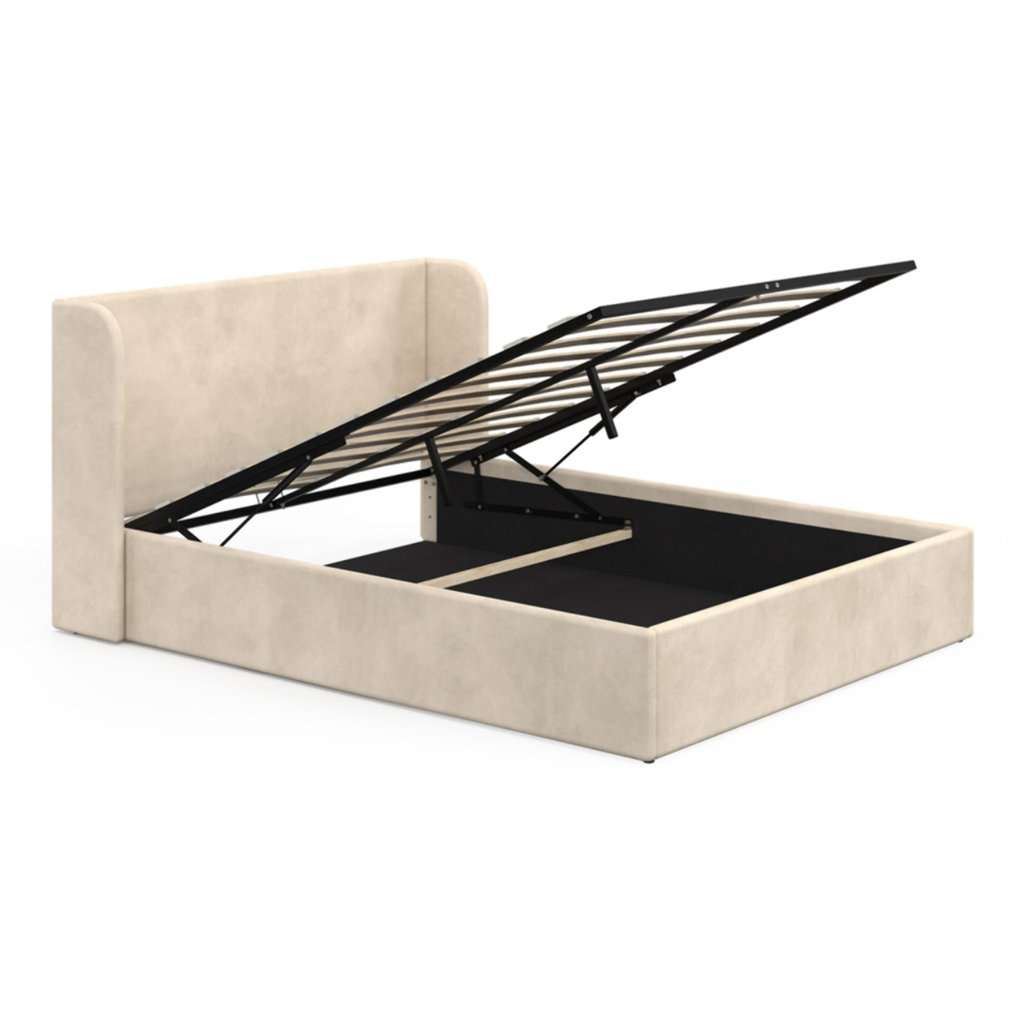 Lit coffre Lucia en velours beige avec sommier et tête de lit 140x190cm