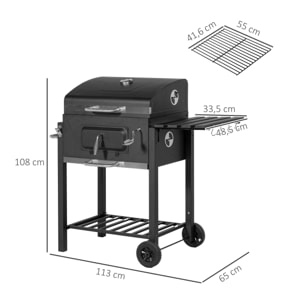 Barbacoa de Carbón con Ruedas Barbacoa con Tapa Parrillas de Acero Inoxidable Termómetro Brasero Ajustable Bandeja Lateral y Estante 113x65x108 cm Negro