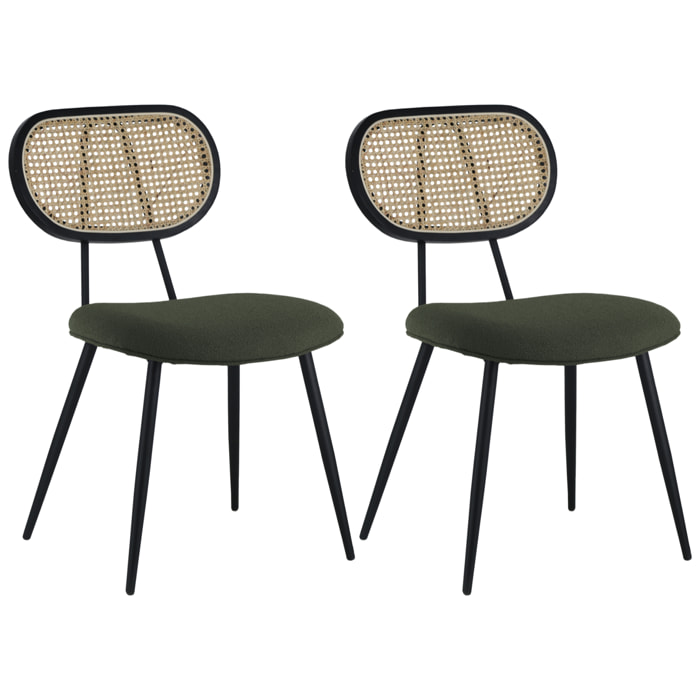 Lot de 2 chaises en cannage et tissu boucle vert kaki ELENA
