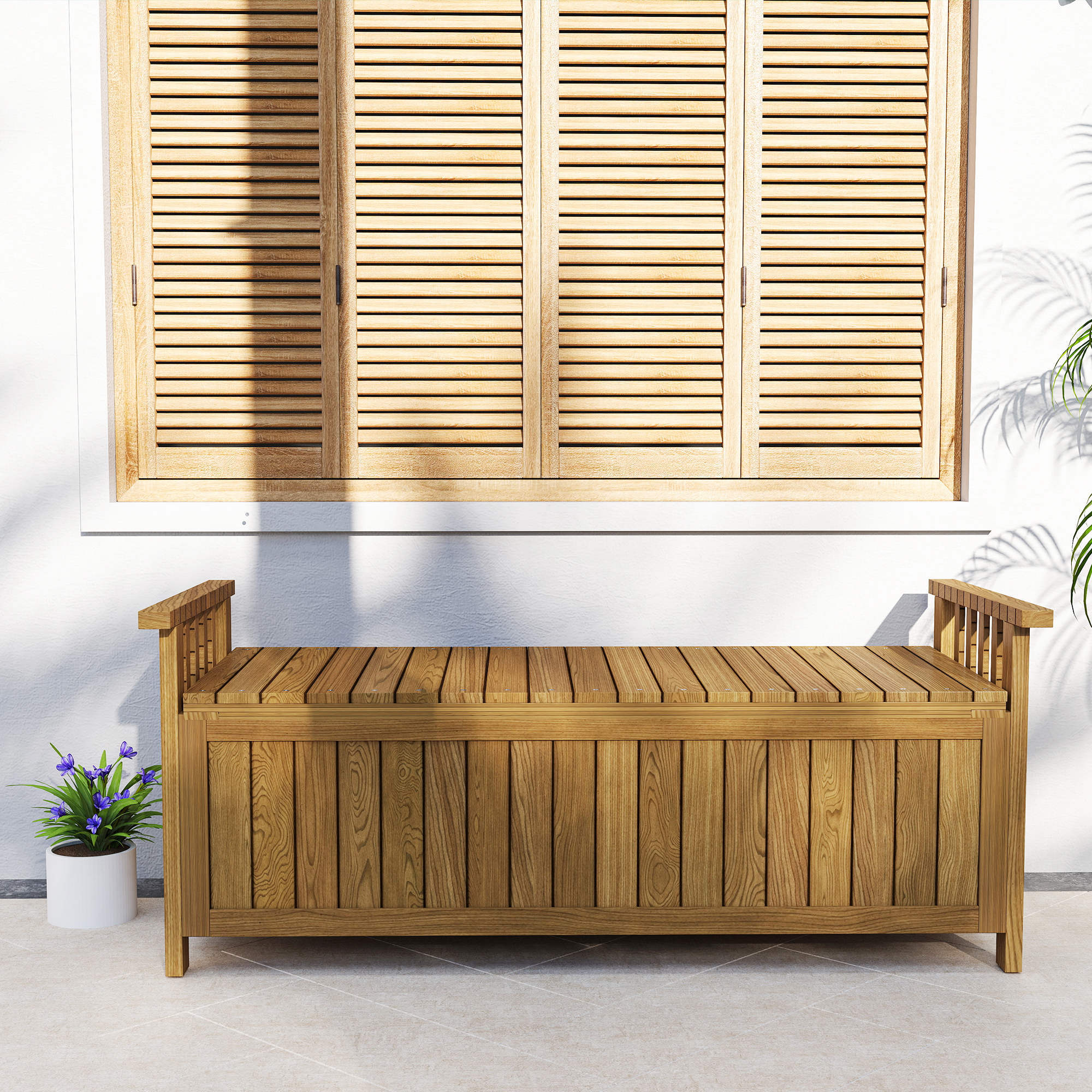 Banc de jardin avec coffre de rangement 186L - accoudoirs - dim. 128 x 56 x 53 cm - habillage PVC bois de sapin pré-huilé