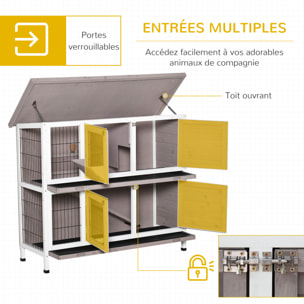 Clapier à lapin cage à lapin 2 étages trappe de séparation amovible 4 portes verrouillables 2 plateaux coulissants rampe toit ouvrant bois de sapin gris blanc