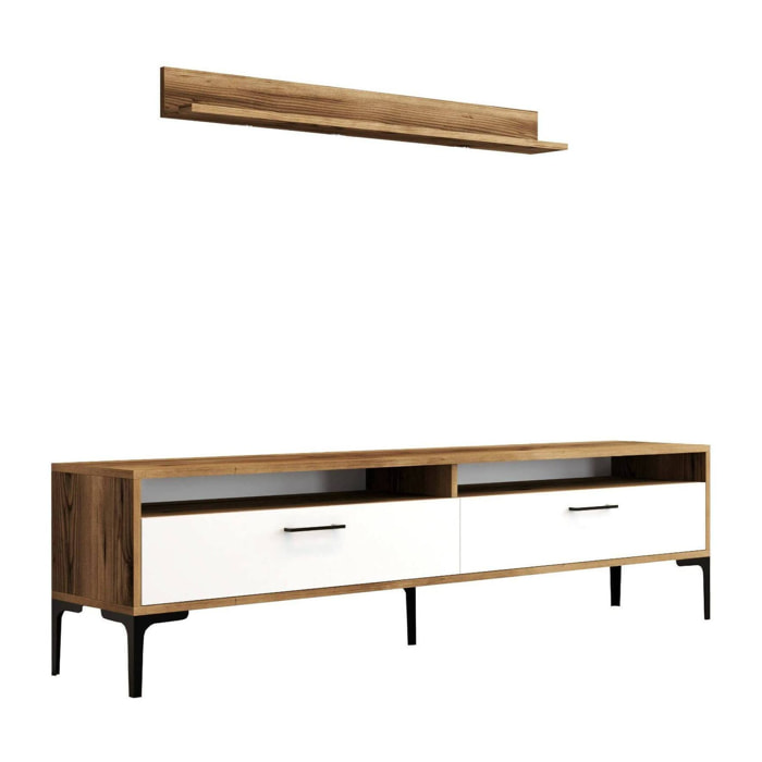 Parete attrezzata Oho, Composizione soggiorno, Mobile salotto multiuso, Armadio porta TV, 180x35h47 cm, Noce e Bianco
