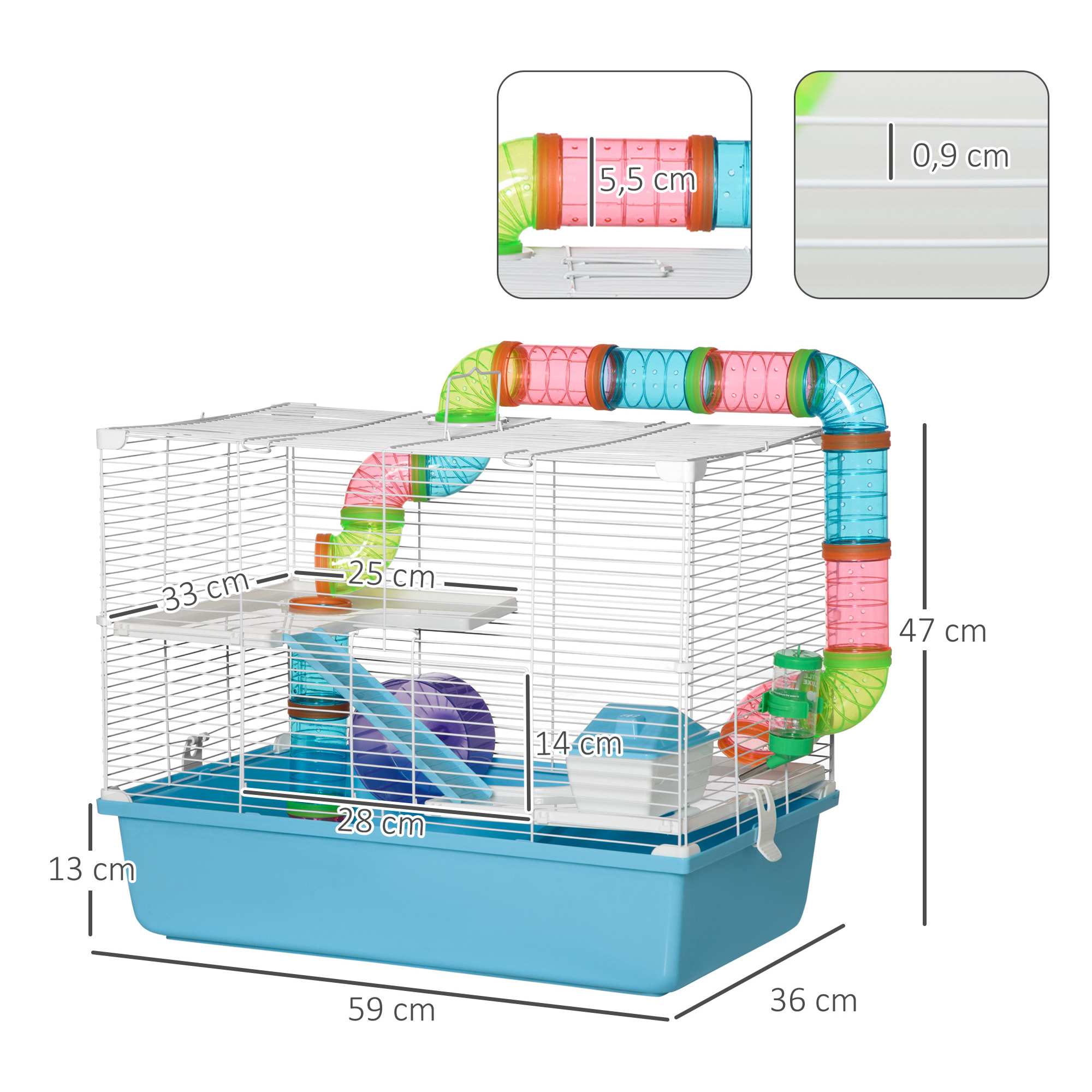 Cage à hamsters 3 niveaux - tunnel, abreuvoir, roue, maisonnette, échelles - dim. 59L x 36l x 47H cm - métal PP bleu blanc