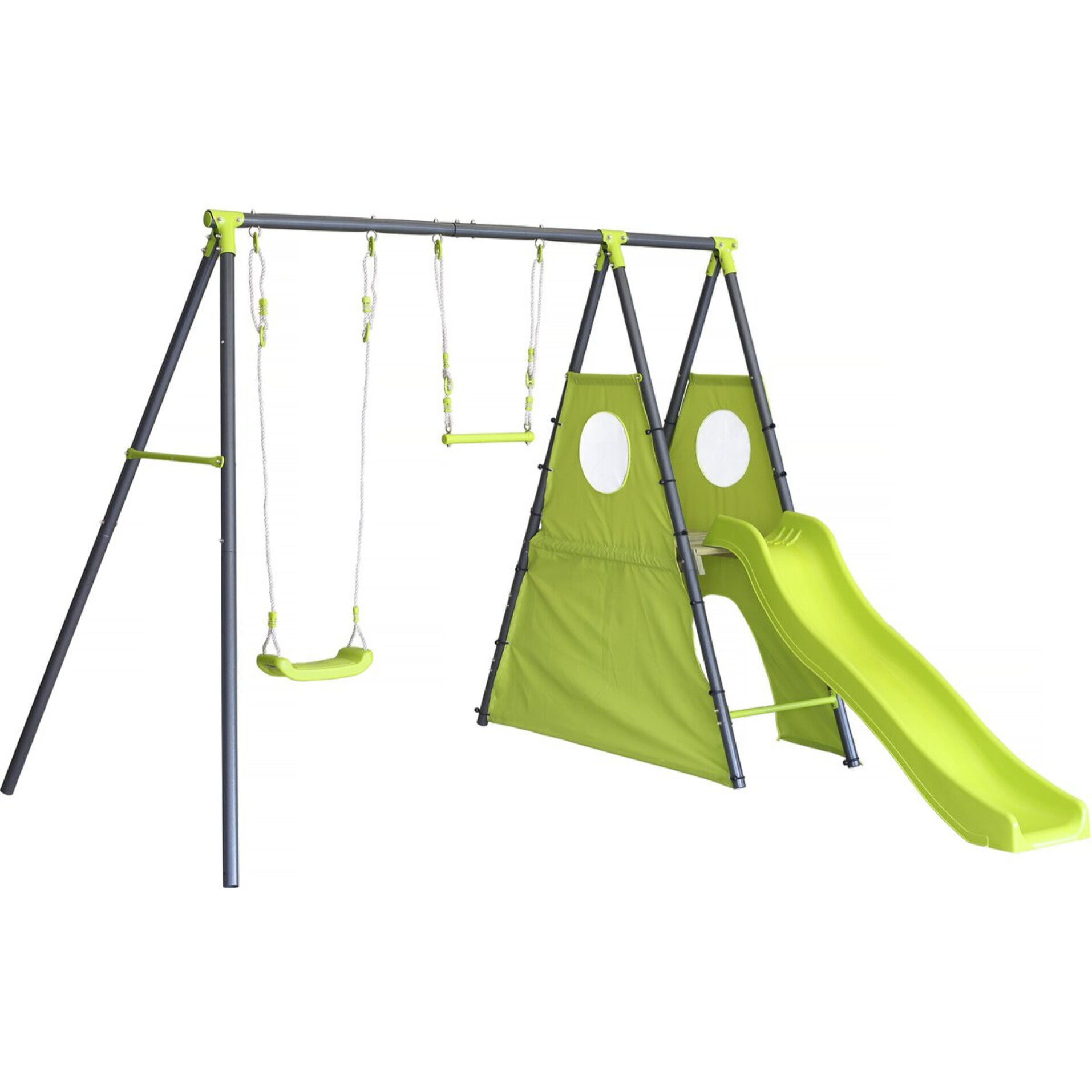 Portique de jeu en métal avec toboggan "Kylian" - 4 agrès - Vert