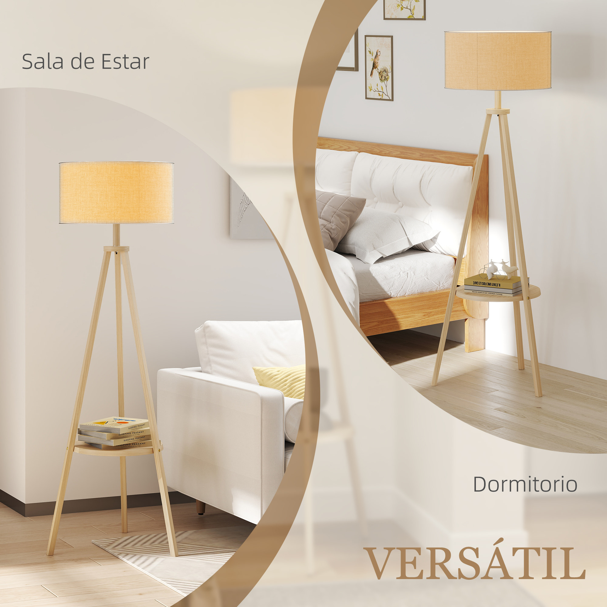 Lámpara de Pie Trípode con Estante Lámpara de Pie Salón con Pantalla de Lino Interruptor de Pie para Sala de Estar Oficina Dormitorio Gris y Natural