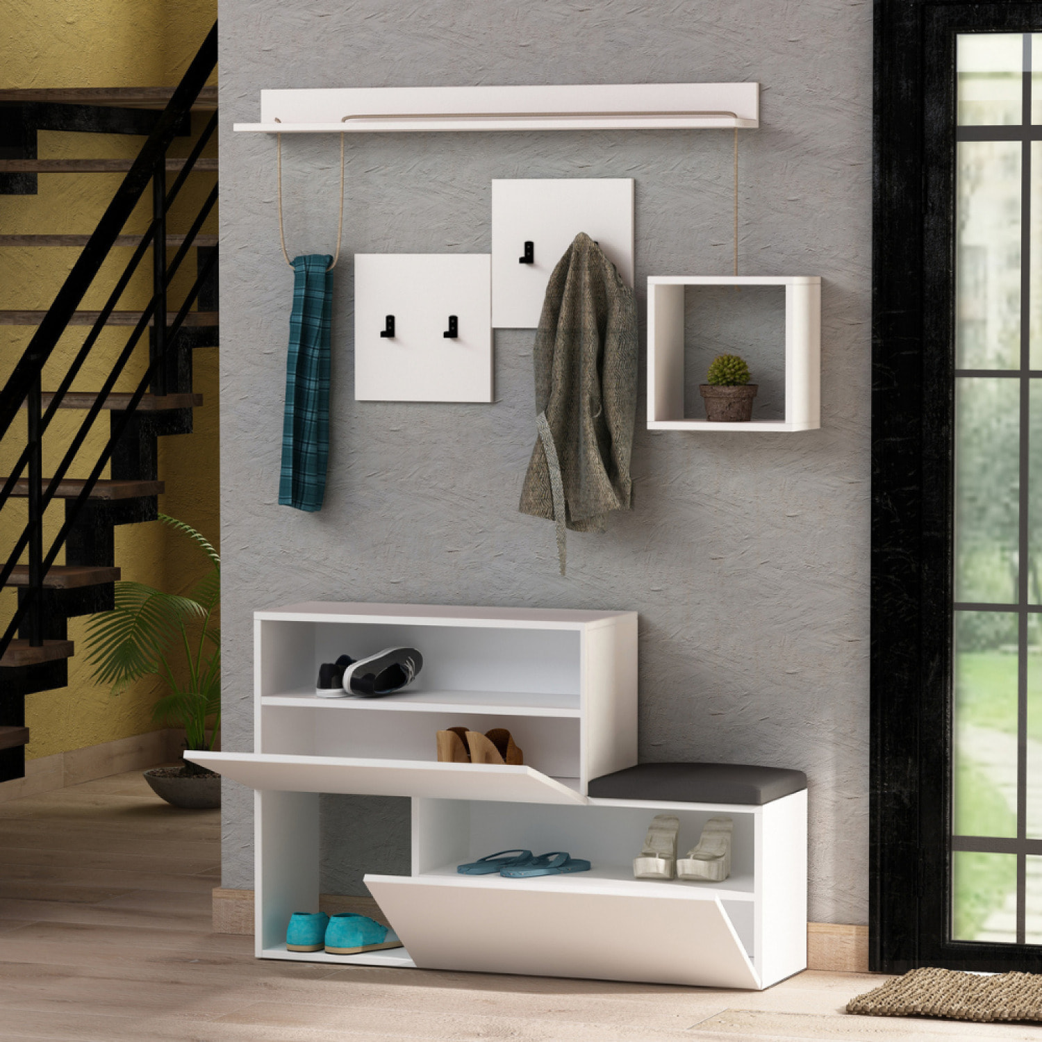 ACCRA - Meuble d'entrée blanc avec porte manteau, rangement et miroir