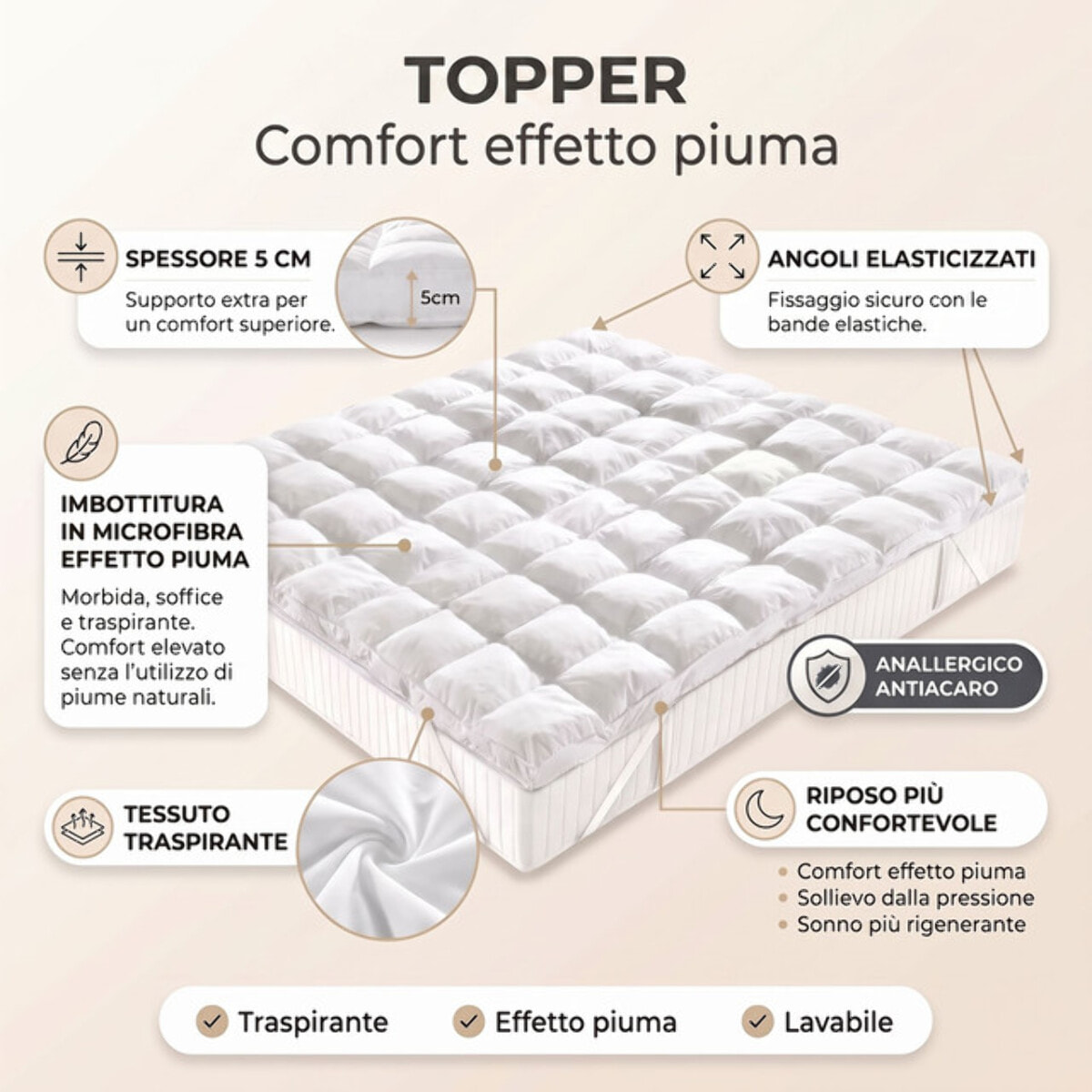 Topper materasso effetto piuma in microfibra - BIANCO