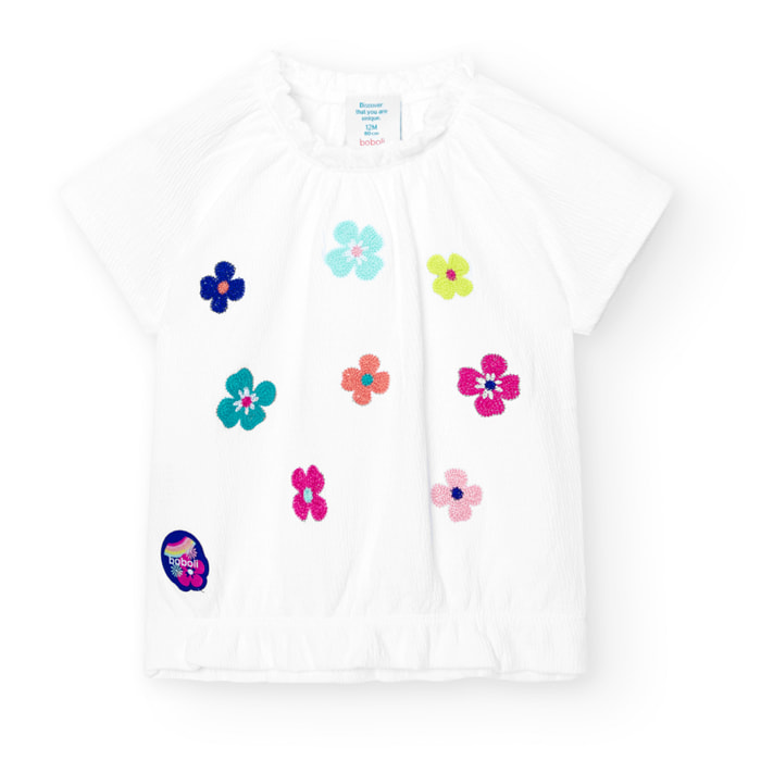 Camiseta niÃ±a engomada, estampado flores, blanco, mangas