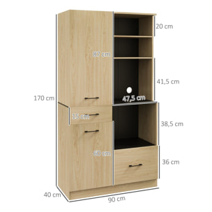 Buffet haut multi-rangement 2 portes 3 étagères 2 tiroirs 4 niches panneaux noir aspect chêne clair