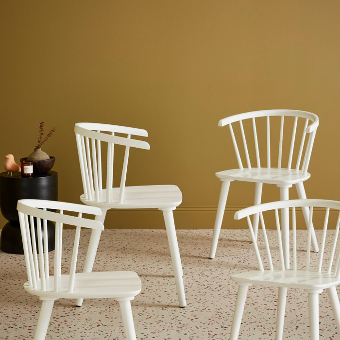Lot de 4 chaises blanches à barreaux en bois et contreplaqué. Paula. L 51 x P 53 x H 75cm