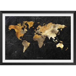 Affiche carte du monde dorée Affiche + cadre en bois - Noir