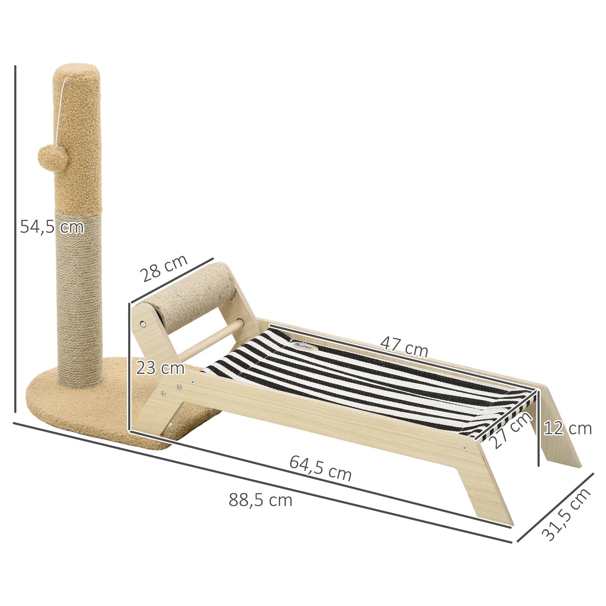 Lit pour chat arbre à chat griffoir grattoir avec hamac et pompon suspendu dim. 88,5L x 31,5l x 54,5H cm naturel