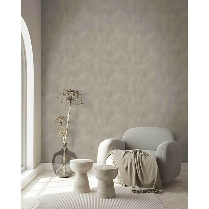 Papier peint uni effet stuc taupe chaud