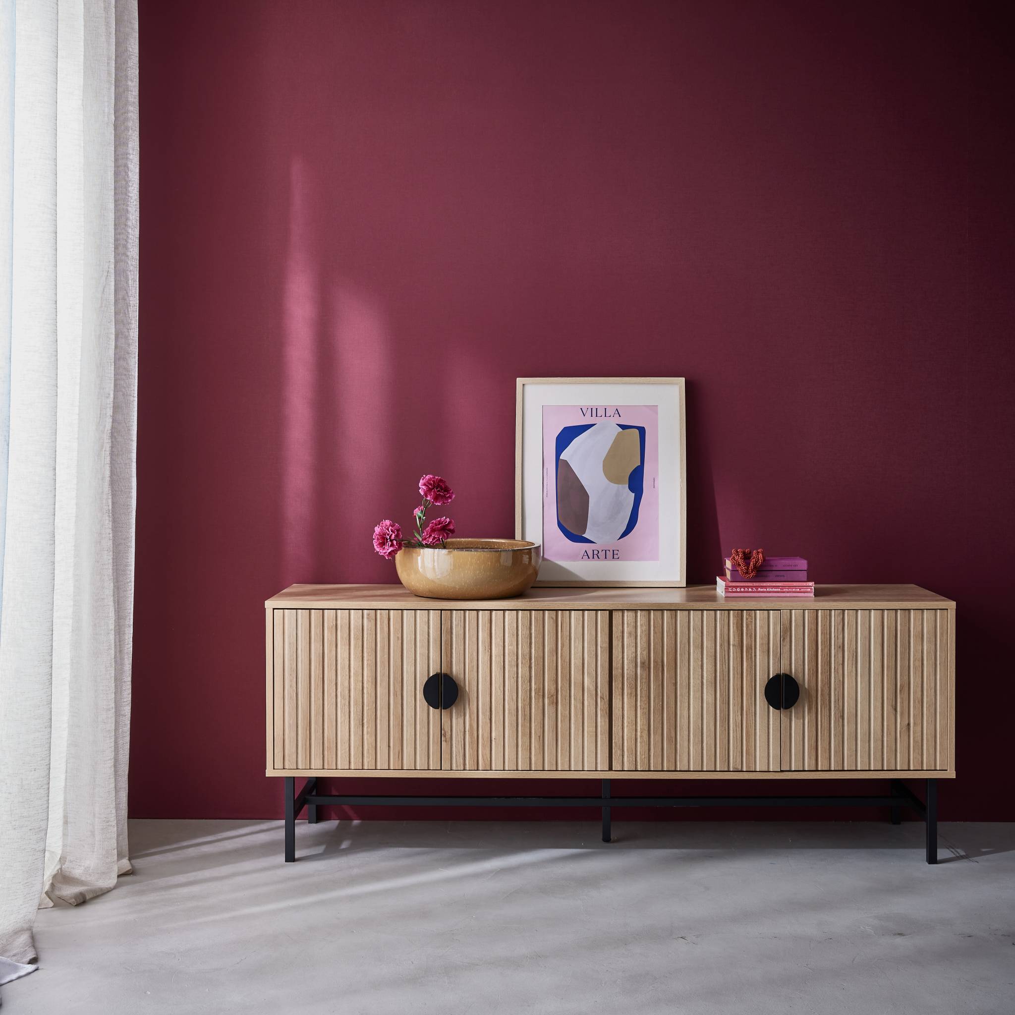 Meuble TV. Bazalt. effet chêne. quatre portes. deux étagères. L 157.5 x l 39 x H 60cm