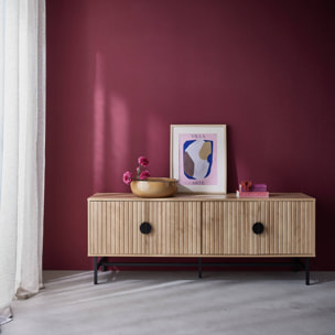 Meuble TV. Bazalt. effet chêne. quatre portes. deux étagères. L 157.5 x l 39 x H 60cm