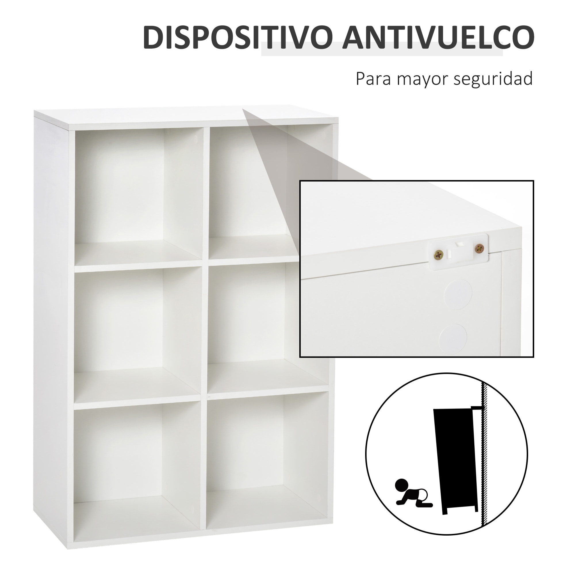 Estantería para Libros Estantes de Madera de 3 Niveles con 6 Cubos de Almacenaje para Sala de Estar Dormitorio Oficina 65,5x30x97,5 cm Blanco