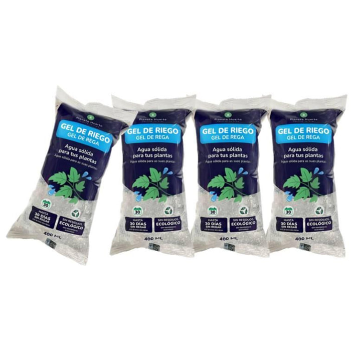 PLANETA HUERTO | Pack 4 x Gel de Riego 400 ml Hidrogel Autorriego Plantas Hasta 30 Días - Gel de Riego Automático para Macetas, Jardines, Huertos Urbanos y Plantas de Interior