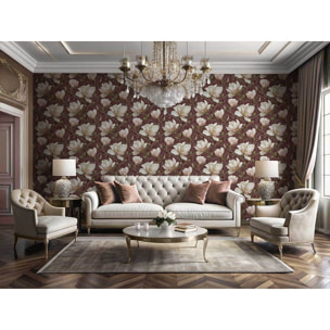 Papier peint magnolia blanc fond bordeaux profond