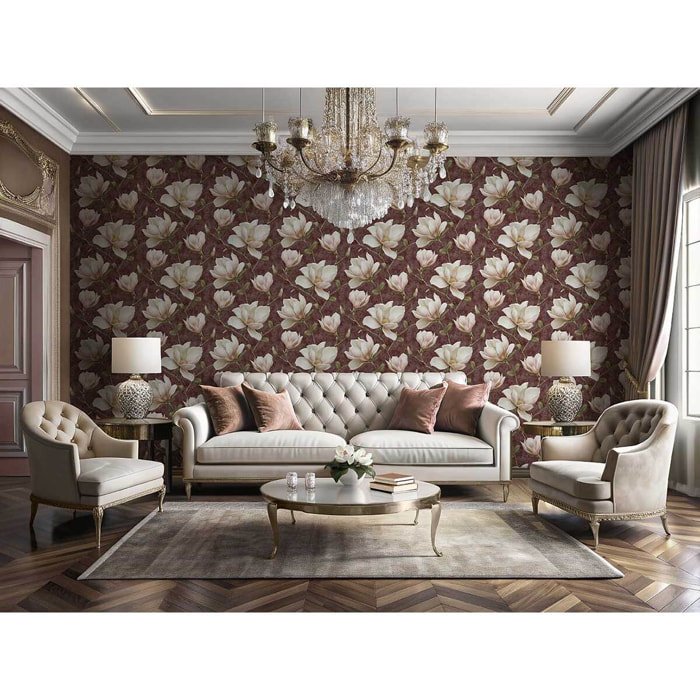 Papier peint magnolia blanc fond bordeaux profond