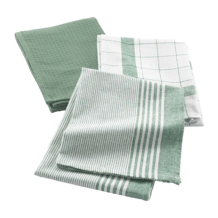 Lot de 3 torchons en coton tissé nid d’abeille - Vert