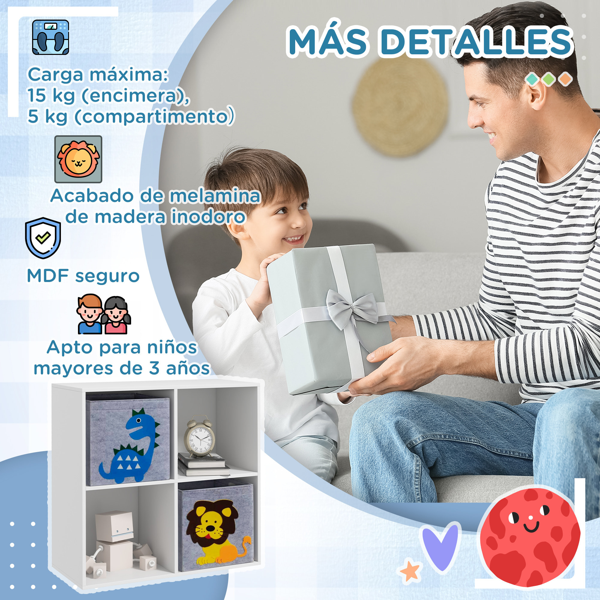 Estantería para Juguetes Infantil Librería para Niños de +3 Años con 4 Compartimientos de Almacenaje y 2 Cajones de Tela no Tejida con Imagen de Animales 61,8x29,9x61,8 cm Blanco y Gris