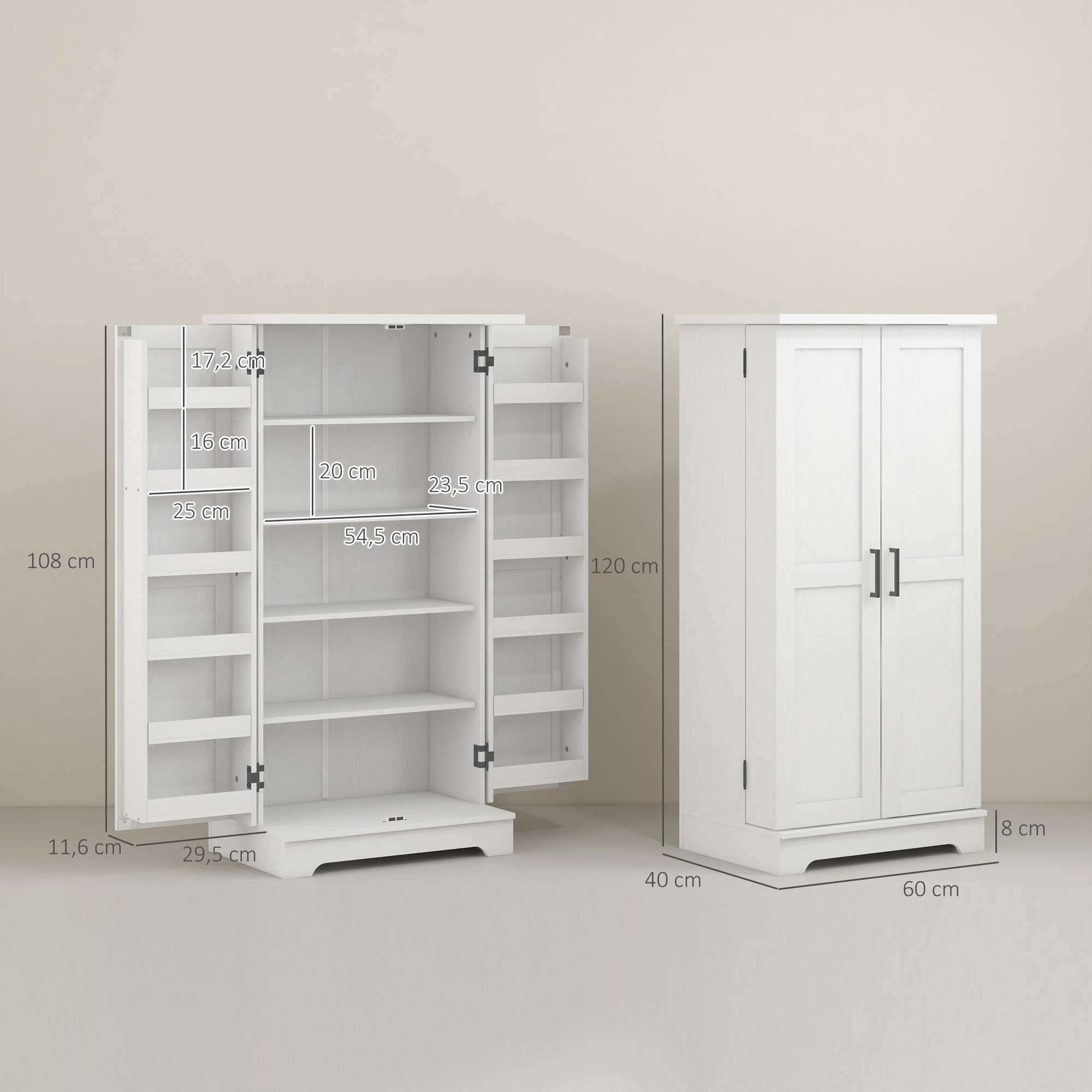 Buffet armoire de cuisine 5 niveaux réglables - 2 portes avec 12 porte-épices - aspect bois blanc cassé