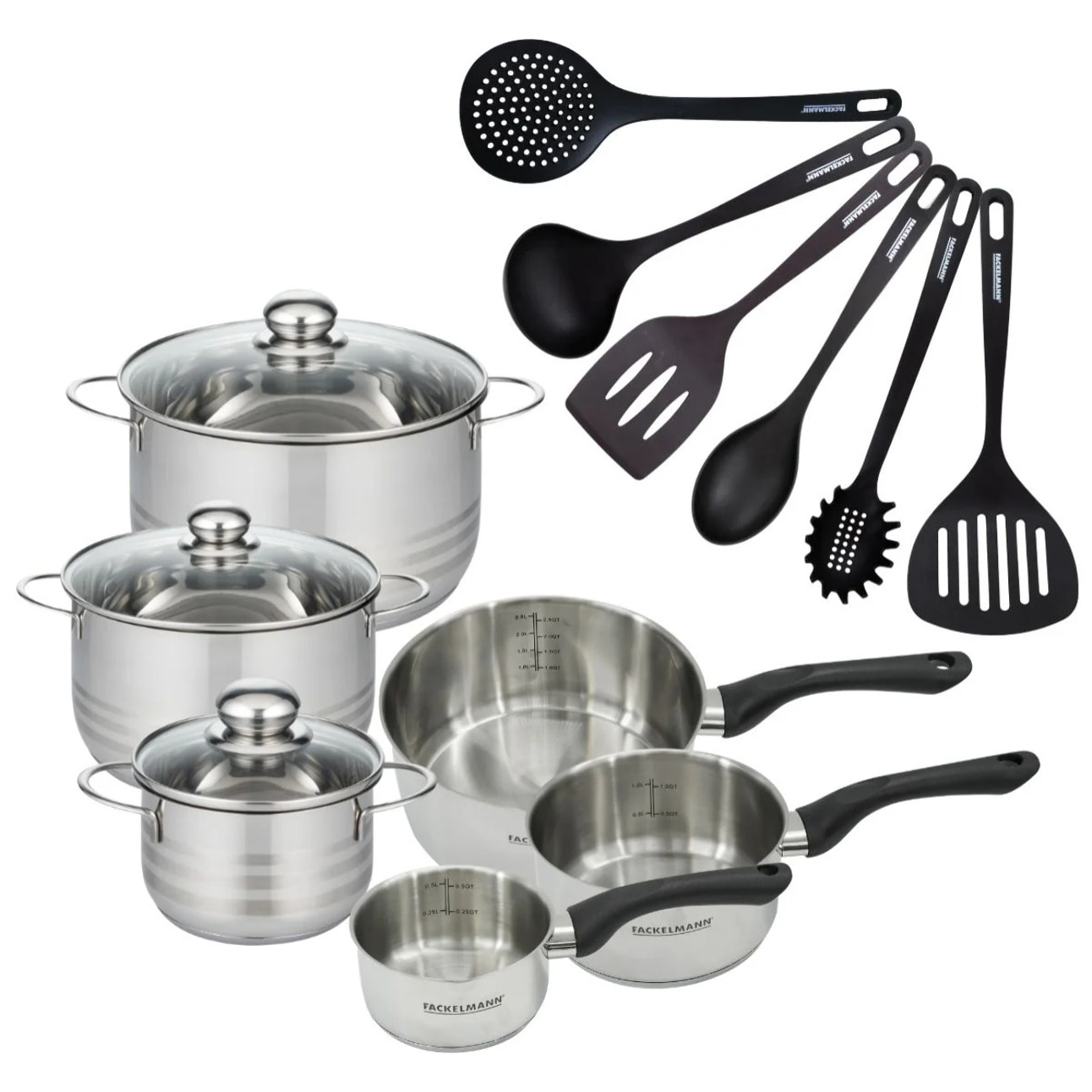 Batterie de cuisine avec 3 casseroles 12/16/20 cm et 3 faitouts 16/20/24 cm avec 6 ustensiles de cuisine sans PFAS Fackelmann Généva Brillant Fénix