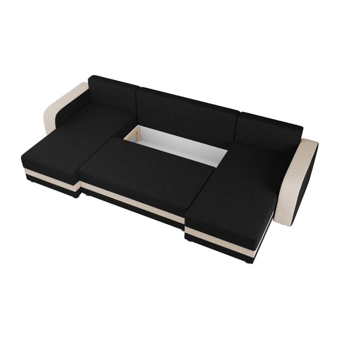 Harvey - Canapé panoramique en U 7 places convertible avec coffre en tissu bicolore - Noir / Beige
