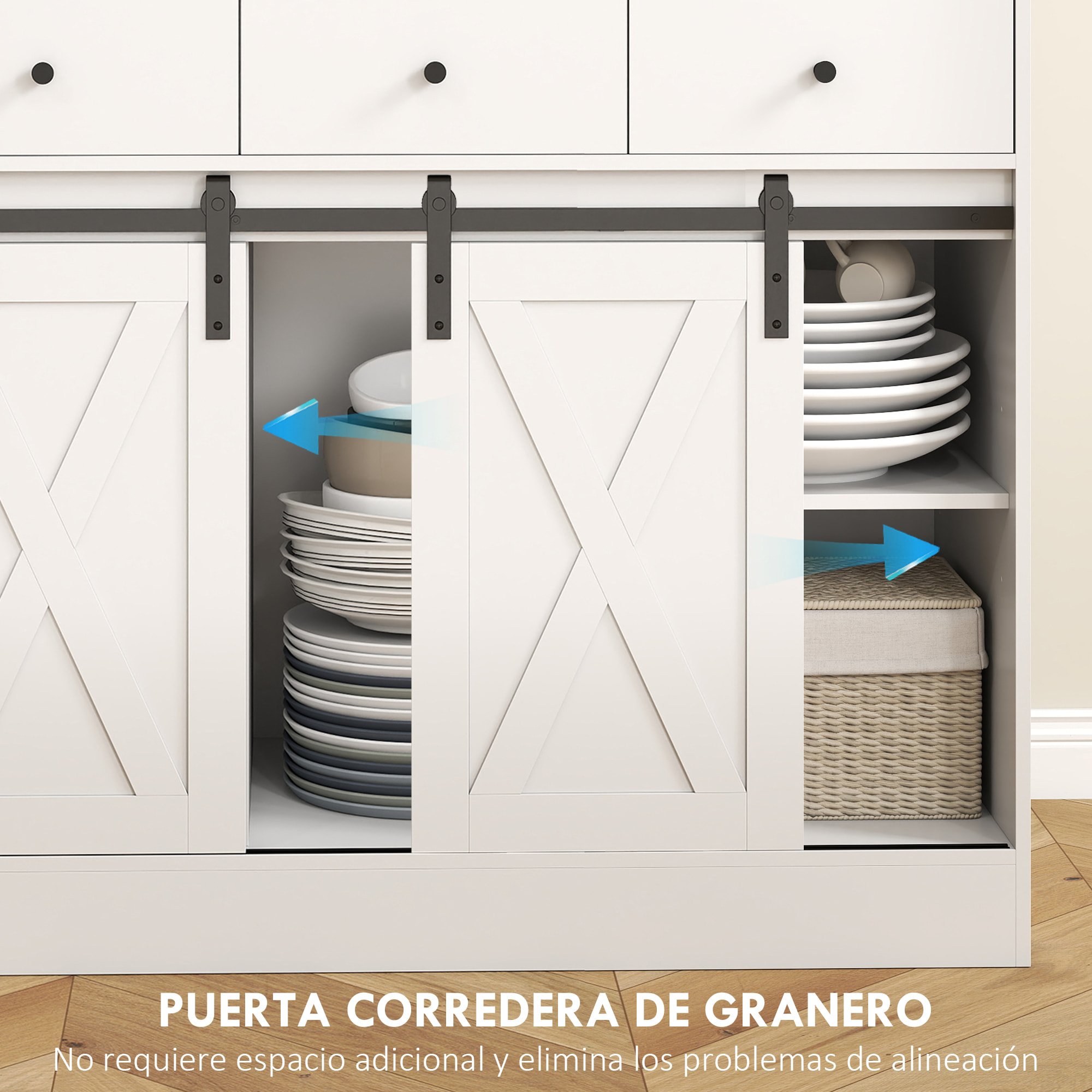 Alacena de Cocina Mueble Auxiliar de Cocina con 2 Puertas Corredizas 3 Cajones Encimera para Microondas y Estantes Ajustables Estilo Granja Blanco 93,5x40x180 cm