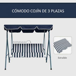 Columpio Balancín de Jardín Exterior de 3 Plazas con Cojín Techo Ajustable y Marco de Acero para Balcón Terraza Patio Carga Máx. 240 kg 172x110x153 cm Raya Azul