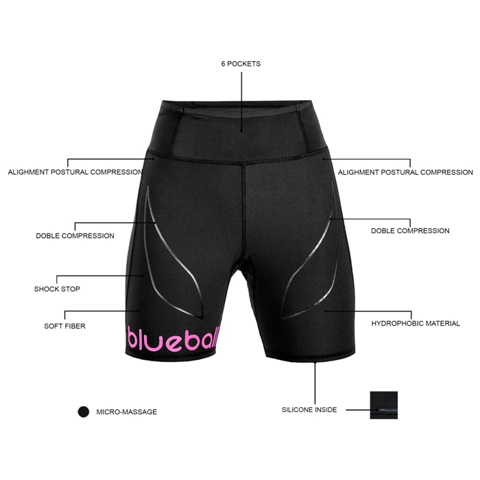 Calzamaglia da corsa a compressione Blueball corta da donna, nera con logo rosa