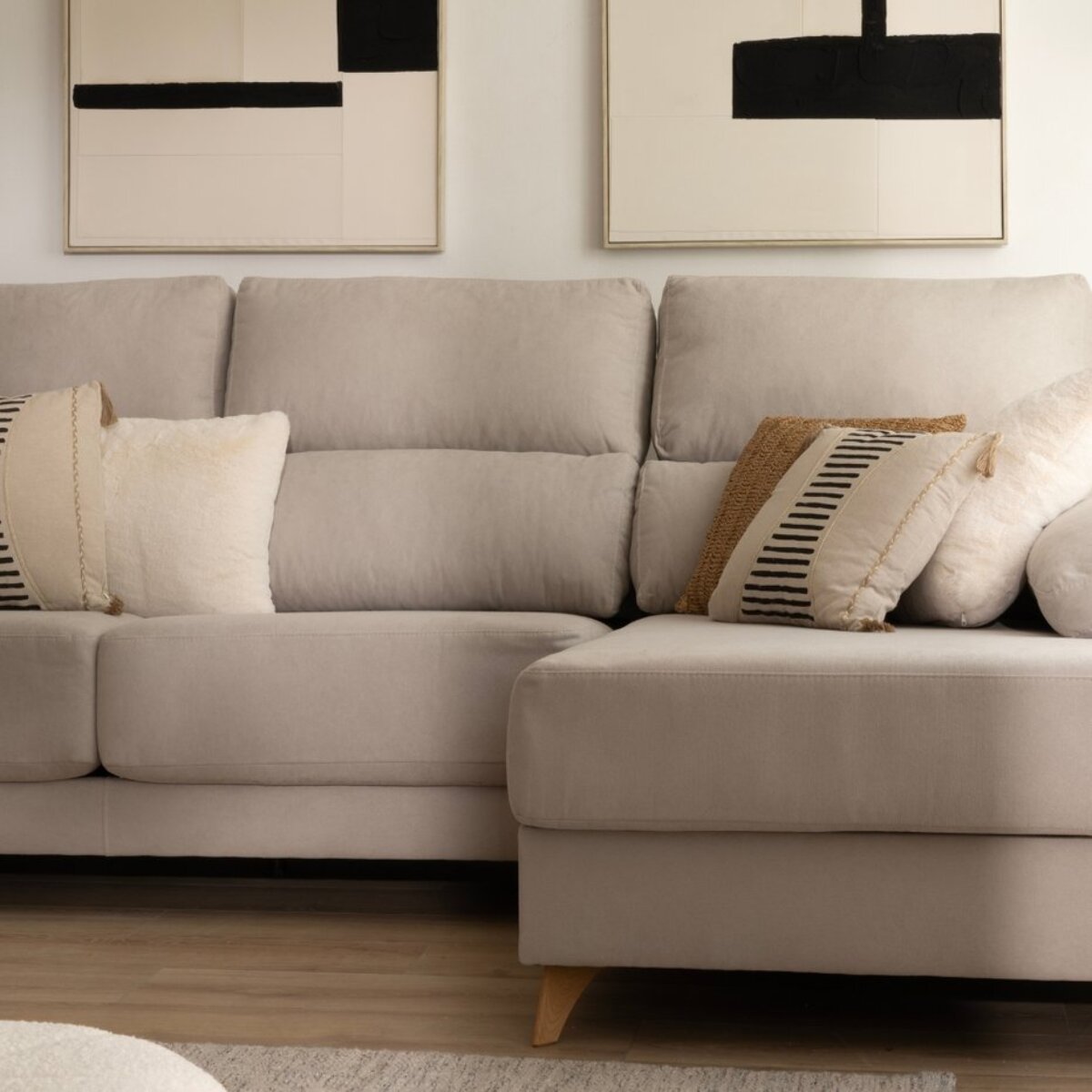 Canapé d'angle Dandy -textile, mousse pu, bois et panneau de particules-couleur beige 295 x 103 x 170 cm