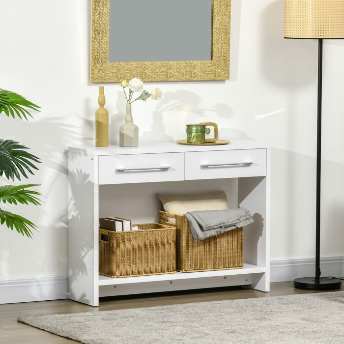 HOMCOM Mesa Consola Mesa de Entrada con 2 Cajones y Estante de Almacenaje Mueble Recibidor para Pasillo Salón Estilo Moderno Antivuelco Carga 50 kg 101,6x28x76,2 cm Blanco