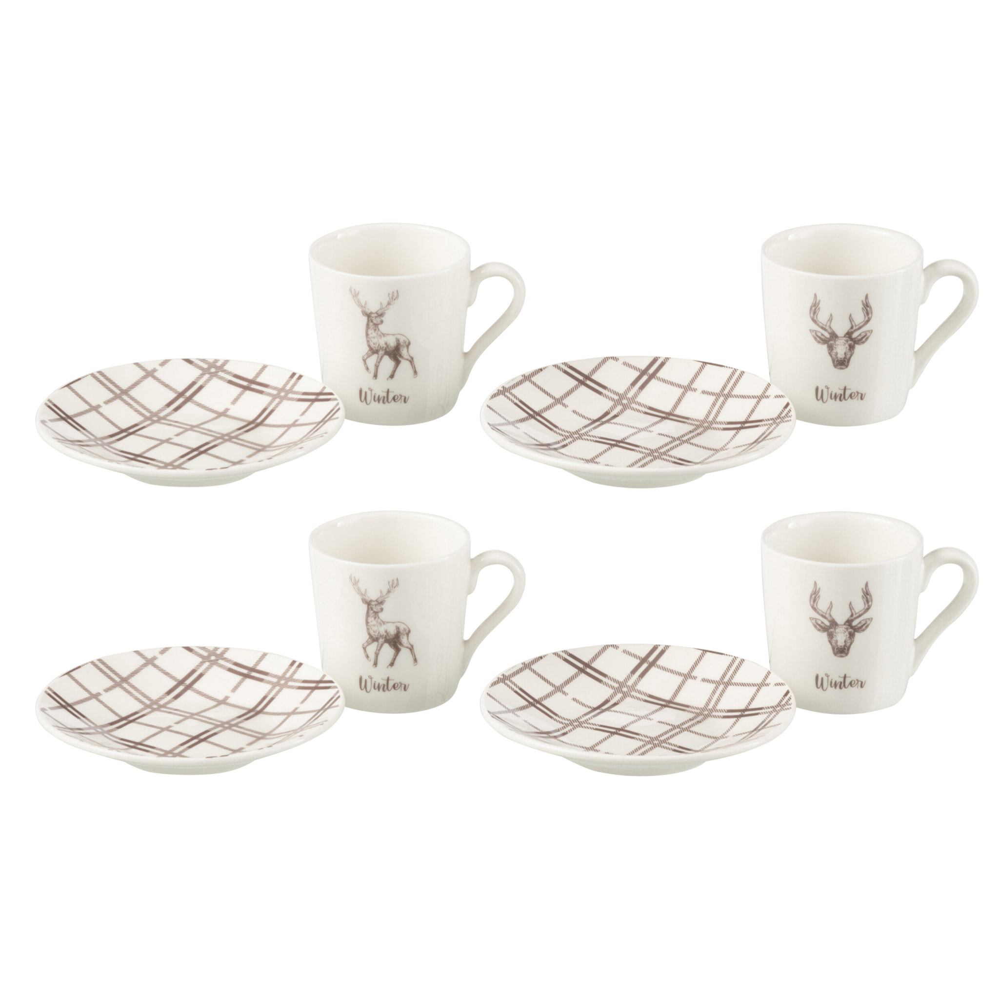 J-Line tasse à café + sous-tasse Renne - céramique - blanc/marron - small - boite cadeau de 4