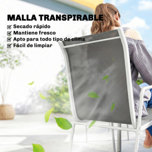 Conjunto de Mesa y Sillas Jardín de 7 Piezas, Muebles Jardín Exterior con Mesa de Vidrio Templado, 6 Sillas Apilables Transpirables, Marco de Metal Resistente a la Intemperie, Blanco y Gris