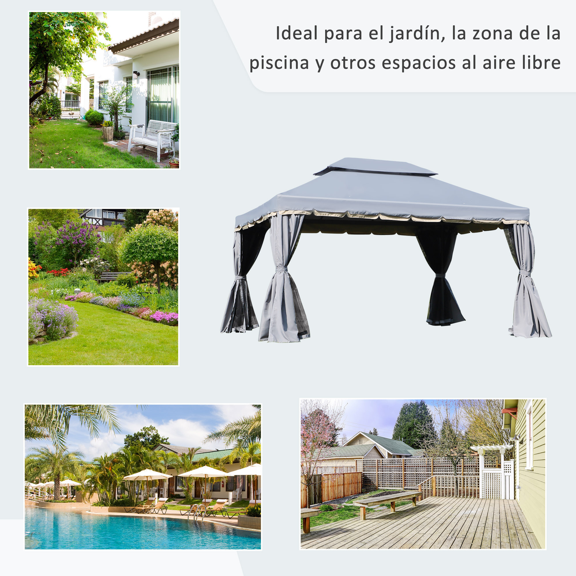 Cenador de Jardín 4x3 m Gazebo de Aluminio con Techo de Ventilación 4 Cortinas Laterales 4 Mosquiteras y 8 Orificios de Drenaje para Fiestas Eventos Exterior Gris